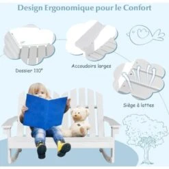 COSTWAY Fauteuil à Bascule Adirondack Pour 2 Enfants Avec Siège à Lattes, Chaise à Bascule En Bois De Sapin Avec Inclinaison 30°& Dossier Haut 110°, Charge 100 Kg Pour Enfants De 3 Ans+, Blanc -Promos Garde Plante Boutique 100227145 4