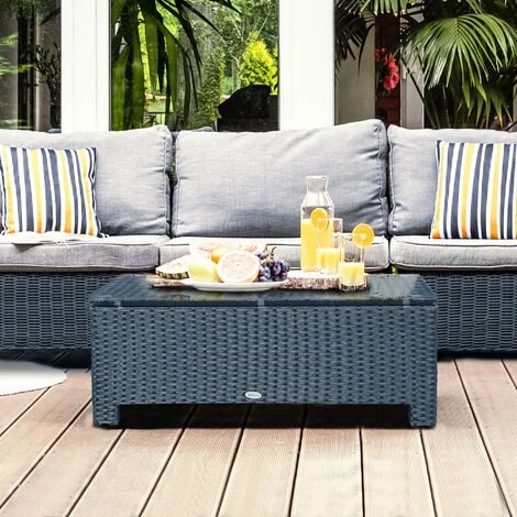 OUTSUNNY Table Basse De Jardin Plateau Verre Trempé 5 Mm Rotin Tressé 85 X 50 X 39cm Max. 50 Kg Noir 4 OUTSUNNY Table Basse De Jardin Plateau Verre Trempé 5 Mm Rotin Tressé 85 X 50 X 39cm Max. 50 Kg Noir – Image 2