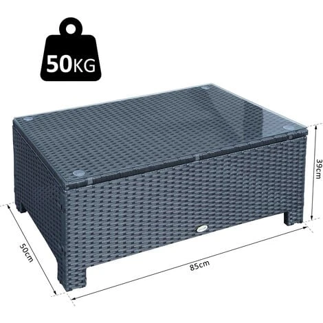 OUTSUNNY Table Basse De Jardin Plateau Verre Trempé 5 Mm Rotin Tressé 85 X 50 X 39cm Max. 50 Kg Noir 5 OUTSUNNY Table Basse De Jardin Plateau Verre Trempé 5 Mm Rotin Tressé 85 X 50 X 39cm Max. 50 Kg Noir – Image 3