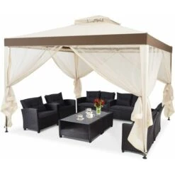 COSTWAY Pavillon Tonnelle De Jardin De 3x3M Autoportante Avec Ornements 4 Rideaux De Moustiquaire Polyester Beige 298 X 299 X 200/265 CM