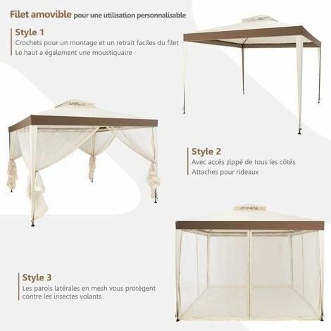 COSTWAY Pavillon Tonnelle De Jardin De 3x3M Autoportante Avec Ornements 4 Rideaux De Moustiquaire Polyester Beige 298 X 299 X 200/265 CM 5 COSTWAY Pavillon Tonnelle De Jardin De 3x3M Autoportante Avec Ornements 4 Rideaux De Moustiquaire Polyester Beige 298 X 299 X 200/265 CM – Image 3