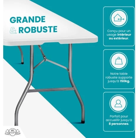 Lot De 2 Tables Pliantes De Camping 180 Cm Rectangulaire Blanche - Table De Jardin 8 Personnes L180 X L74 X H74cm En HDPE Haute Densité Épaisseur 3,5 Cm - Pieds En Acier Pelliculé Gris 5 Lot De 2 Tables Pliantes De Camping 180 Cm Rectangulaire Blanche - Table De Jardin 8 Personnes L180 X L74 X H74cm En HDPE Haute Densité Épaisseur 3,5 Cm - Pieds En Acier Pelliculé Gris – Image 3