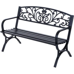 Outsunny Banc De Jardin Terrasse En Acier Fonte Noir 3 Places 127 X 60 X 85 Cm Charge Max 250 Kg