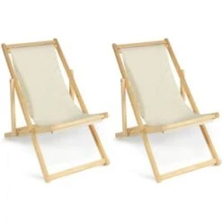 Lot De 2 Chaises Longues Pliantes Chilienne Bois Toile écrue
