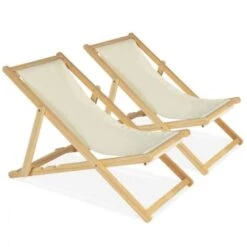 Lot De 2 Chaises Longues Pliantes Chilienne Bois Toile écrue -Promos Garde Plante Boutique 18322196 5