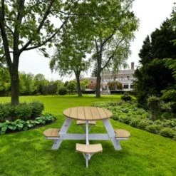 AXI UFO Table De Pique Nique Ronde Pour Enfants En Bois Table Ronde Enfant Pour Le Jardin En Marron Et Blanc Avec 4 Sièges -Promos Garde Plante Boutique 18396662 5