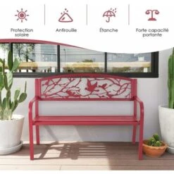 COSTWAY Banc De Jardin Structure Stable Banquette De Jardin Motif Oiseaux Et Branches - Pour Parc Terrasse Balcon 123 X 60 X 88 Cm Rouge -Promos Garde Plante Boutique 18442961 2