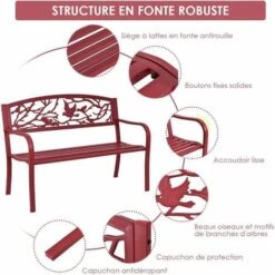 COSTWAY Banc De Jardin Structure Stable Banquette De Jardin Motif Oiseaux Et Branches - Pour Parc Terrasse Balcon 123 X 60 X 88 Cm Rouge -Promos Garde Plante Boutique 18442961 3