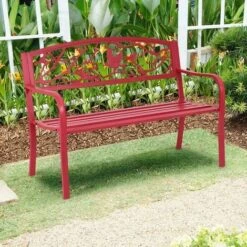 COSTWAY Banc De Jardin Structure Stable Banquette De Jardin Motif Oiseaux Et Branches - Pour Parc Terrasse Balcon 123 X 60 X 88 Cm Rouge -Promos Garde Plante Boutique 18442961 4