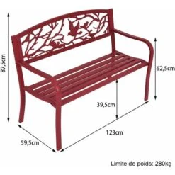 COSTWAY Banc De Jardin Structure Stable Banquette De Jardin Motif Oiseaux Et Branches - Pour Parc Terrasse Balcon 123 X 60 X 88 Cm Rouge -Promos Garde Plante Boutique 18442961 5