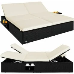 Casaria Bain De Soleil XXL 2 Personnes 160cm En Polyrotin Noir Avec Coussin Blanc Chaise Longue Réglable Extérieur