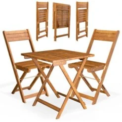 Ensemble Table Et Chaises 3 Pcs Balcon Pliable Salon De Jardin En Bois D''acacia Brun