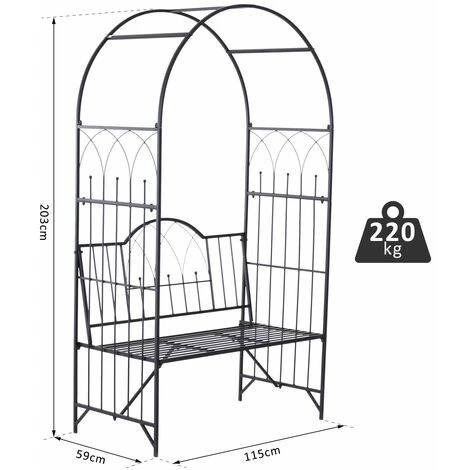 OUTSUNNY Arche à Rosiers Banc De Jardin 2 Places 2 En 1 Dim. 115L X 59l X 203H Cm Métal époxy Noir 5 OUTSUNNY Arche à Rosiers Banc De Jardin 2 Places 2 En 1 Dim. 115L X 59l X 203H Cm Métal époxy Noir – Image 3