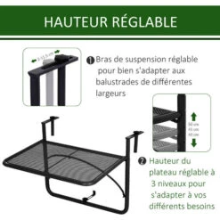 OUTSUNNY Table Suspendue Pour Balcon Dim. 60L X 56,5l Cm Hauteur Réglable 3 Niveaux Métal époxy Noir -Promos Garde Plante Boutique 25008262 4