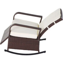OUTSUNNY Rocking Chair Fauteuil à Bascule Grand Confort Style Cosy Coussins Assise Dossier Déperlant Crème Résine Tressée Imitation Rotin Chocolat -Promos Garde Plante Boutique 25008325 4