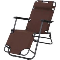 OUTSUNNY Chaise Longue Inclinable Transat Bain De Soleil 2 En 1 Pliant Têtière Amovible Charge Max. 136 Kg Toile Oxford Facile D'entretien Marron