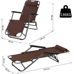 OUTSUNNY Chaise Longue Inclinable Transat Bain De Soleil 2 En 1 Pliant Têtière Amovible Charge Max. 136 Kg Toile Oxford Facile D'entretien Marron -Promos Garde Plante Boutique 25009092 3