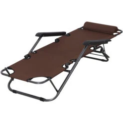 OUTSUNNY Chaise Longue Inclinable Transat Bain De Soleil 2 En 1 Pliant Têtière Amovible Charge Max. 136 Kg Toile Oxford Facile D'entretien Marron -Promos Garde Plante Boutique 25009092 4