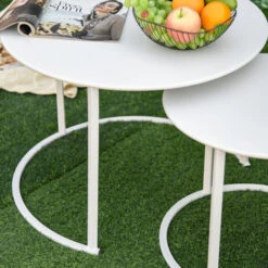 OUTSUNNY Lot De 2 Tables Basses Rondes Gigognes Empilables De Jardin Métal époxy Blanc -Promos Garde Plante Boutique 27825537 4