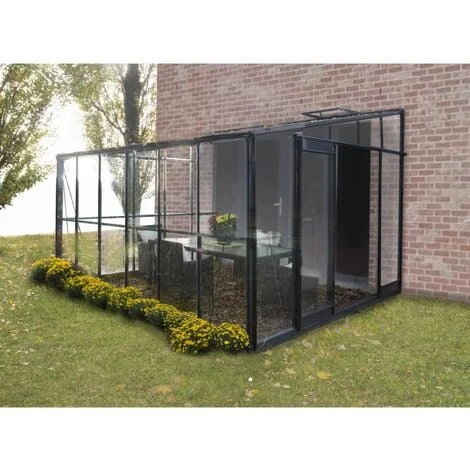 Serre / Véranda Adossée 126 - 7,3 M² Verre Trempé 4 Mm. Aluminium Laqué Vert - Sans Base - Porte à Gauche 3 Serre / Véranda Adossée 126 - 7,3 M² Verre Trempé 4 Mm. Aluminium Laqué Vert - Sans Base - Porte à Gauche