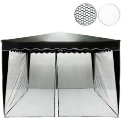 Instent® Moustiquaire Pour Tonnelle 3 X 3m Coloris Noir, 2 Fermetures à Glissières Et Sangles Scratch Pour Fixation Des Panneaux Latéraux