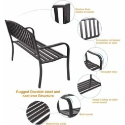 COSTWAY Banc De Jardin Extérieur 3 Personnes Cadre En Métal Noir Résistant Aux Intempéries Charge 240KG Pour Pelouse, Terrasse, Véranda, Cour, 127 X 60 X 87CM -Promos Garde Plante Boutique 29044210 3