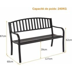 COSTWAY Banc De Jardin Extérieur 3 Personnes Cadre En Métal Noir Résistant Aux Intempéries Charge 240KG Pour Pelouse, Terrasse, Véranda, Cour, 127 X 60 X 87CM -Promos Garde Plante Boutique 29044210 5