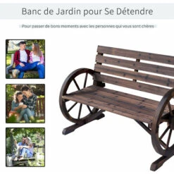 OUTSUNNY Banc De Jardin 3 Places Style Rustique Chic Accoudoirs Roues Charette Bois Sapin Traité Carbonisation -Promos Garde Plante Boutique 29167786 4