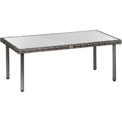 OUTSUNNY Table Basse De Jardin Plateau Verre Trempé 5 Mm Résine Tressée Imitation Rotin Gris