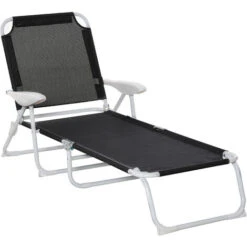 OUTSUNNY Bain De Soleil Pliable - Transat Inclinable 4 Positions - Chaise Longue Grand Confort Avec Accoudoirs - Métal époxy Textilène - Dim. 160L X 66l X 80H Cm - Noir