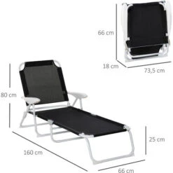 OUTSUNNY Bain De Soleil Pliable - Transat Inclinable 4 Positions - Chaise Longue Grand Confort Avec Accoudoirs - Métal époxy Textilène - Dim. 160L X 66l X 80H Cm - Noir -Promos Garde Plante Boutique 30163951 3