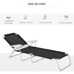 OUTSUNNY Bain De Soleil Pliable - Transat Inclinable 4 Positions - Chaise Longue Grand Confort Avec Accoudoirs - Métal époxy Textilène - Dim. 160L X 66l X 80H Cm - Noir -Promos Garde Plante Boutique 30163951 4