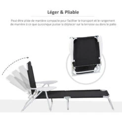 OUTSUNNY Bain De Soleil Pliable - Transat Inclinable 4 Positions - Chaise Longue Grand Confort Avec Accoudoirs - Métal époxy Textilène - Dim. 160L X 66l X 80H Cm - Noir -Promos Garde Plante Boutique 30163951 5