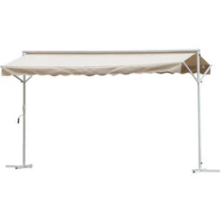 OUTSUNNY Store Double Pente Manuel Rétractable Inclinaison Réglable Acier époxy Blanc Polyester Imperméabilisé Anti-UV Beige Dim. 3L X 2,95l X 2,6H M