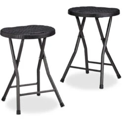 Relaxdays Tabouret De Jardin Lot De 2 BASTIAN Pliant Plastique Optique Rotin Balcon Terrasse Rond Résistant HxlxP: 45 X 32,5 X 29 Cm, Noir