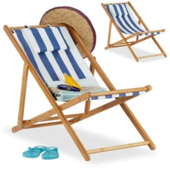 Relaxdays Chaise Pliante Lot De 2 En Bambou Tissu Chaise De Jardin Oreiller Balcon Plage Fauteuil, Bleu