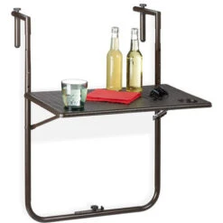 Relaxdays Table Balcon Suspendue, Pliante, Réglable En Hauteur 3 Niveaux, Aspect Rotin, Résistante, 59,5 X 36 Cm, Marron