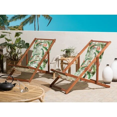 Lot De 2 Transats En Bois D'Acacia Foncé Et Polyester Vert Et Rose Anzio 4 Lot De 2 Transats En Bois D'Acacia Foncé Et Polyester Vert Et Rose Anzio – Image 2