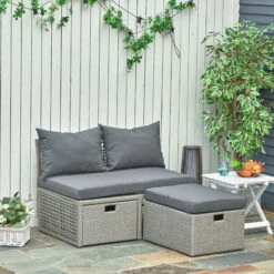 OUTSUNNY Ensemble Salon De Jardin 3 Places 3 Pièces - Canapé 2 Places, Pouf, Coffre Rangement - 4 Coussins Inclus - Résine Tressée Imitation Rotin Gris -Promos Garde Plante Boutique 32477729 2