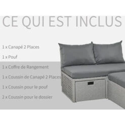 OUTSUNNY Ensemble Salon De Jardin 3 Places 3 Pièces - Canapé 2 Places, Pouf, Coffre Rangement - 4 Coussins Inclus - Résine Tressée Imitation Rotin Gris -Promos Garde Plante Boutique 32477729 5