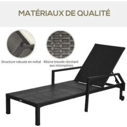 OUTSUNNY Bain De Soleil Transat Grand Confort : Matelas, Inclinaison Réglable Multipositions, Accoudoirs, Roulettes Résine Tressée Noir 10 OUTSUNNY Bain De Soleil Transat Grand Confort : Matelas, Inclinaison Réglable Multipositions, Accoudoirs, Roulettes Résine Tressée Noir -Promos Garde Plante Boutique 32585027 4