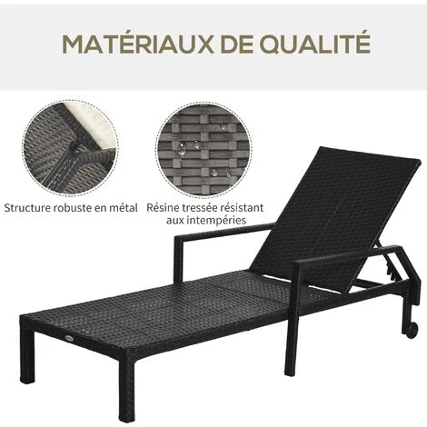OUTSUNNY Bain De Soleil Transat Grand Confort : Matelas, Inclinaison Réglable Multipositions, Accoudoirs, Roulettes Résine Tressée Noir 6 OUTSUNNY Bain De Soleil Transat Grand Confort : Matelas, Inclinaison Réglable Multipositions, Accoudoirs, Roulettes Résine Tressée Noir – Image 4