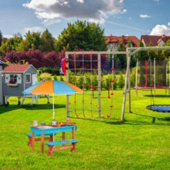 Relaxdays Ensemble Chaise Et Table De Jeux Enfant Jardin, En Bois, Table, 2 Bancs Et Parasol, Meuble Extérieur, Coloré -Promos Garde Plante Boutique 32922826 3