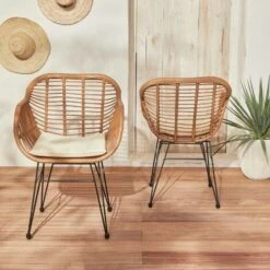 Lot De Deux Fauteuils Effet Bambou - Résine Et Métal Noir. Style Colonial. Assise Beige Beige / Beige -Promos Garde Plante Boutique 33361102 4