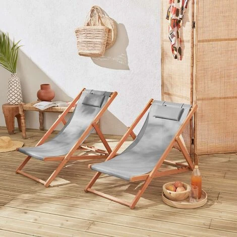 Chiliennes Bois - Creus - 2 Transats En Bois D'Eucalyptus Huilé Avec Coussin Repose-tête Gris Taupe 4 Chiliennes Bois - Creus - 2 Transats En Bois D'Eucalyptus Huilé Avec Coussin Repose-tête Gris Taupe – Image 2