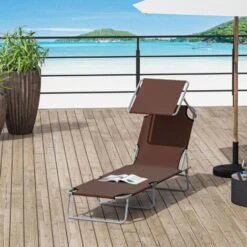 OUTSUNNY Transat Bain De Soleil Pliable Grand Confort Dossier Et Pare-soleil Réglable Multi-positions Chocolat -Promos Garde Plante Boutique 3528195 4