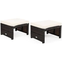 COSTWAY 2 Tabouret De Jardin Résine Tressée En Rotin PE Avec Coussin Gris, Pour Terrasse Et Piscine, 49 X 40 X 33 CM Blanc