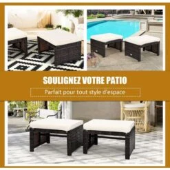 COSTWAY 2 Tabouret De Jardin Résine Tressée En Rotin PE Avec Coussin Gris, Pour Terrasse Et Piscine, 49 X 40 X 33 CM Blanc -Promos Garde Plante Boutique 35443268 4