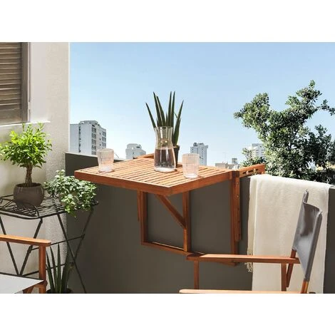 Table De Balcon Rabattable En Bois D'Acacia Foncé Pour Balustrade Idéal Pour Les Petits Espaces Extérieurs Beliani 4 Table De Balcon Rabattable En Bois D'Acacia Foncé Pour Balustrade Idéal Pour Les Petits Espaces Extérieurs Beliani – Image 2