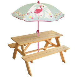 Table En Bois Pour Pique-Nique Avec Parasol Flamingo